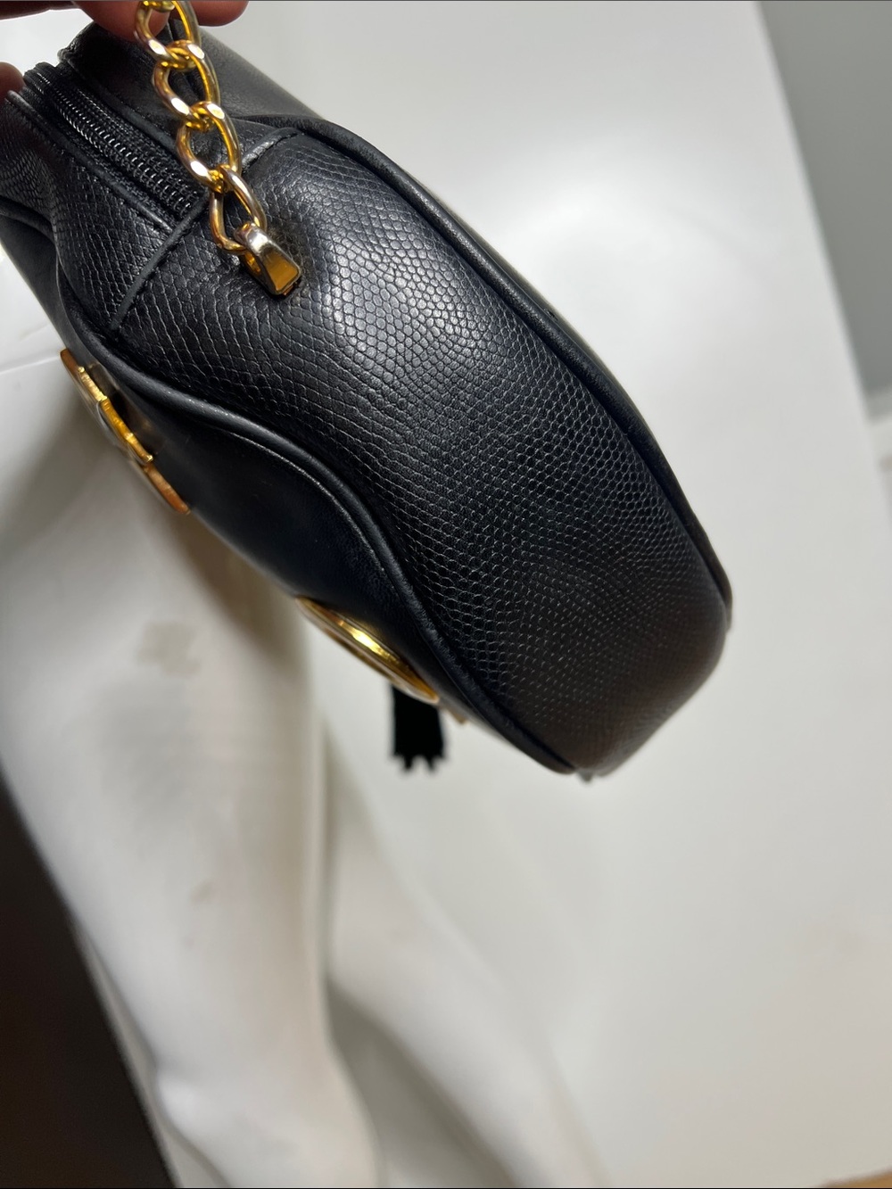 Escada Vintage Round Black Leather Bag Goldtone Hardware Studs Grommets Tassle - Picture 6 of 9